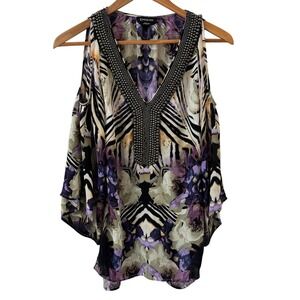 Bebe Cold Shoulder Top Womens XXS Purple Floral Animal Print Studded Statement